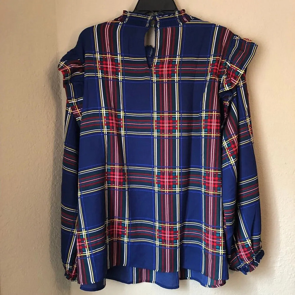 Sugarlips Plus Long Sleeve Mock Neck Navy Blue Plaid Top w/ Ruffle Details - Picture 3 of 9